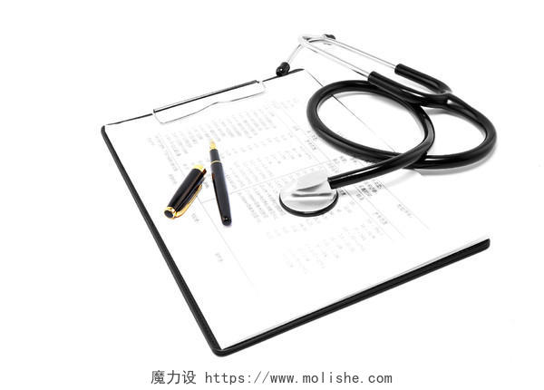 白底钢笔听诊器一副听诊器档案夹医疗器械医疗用品